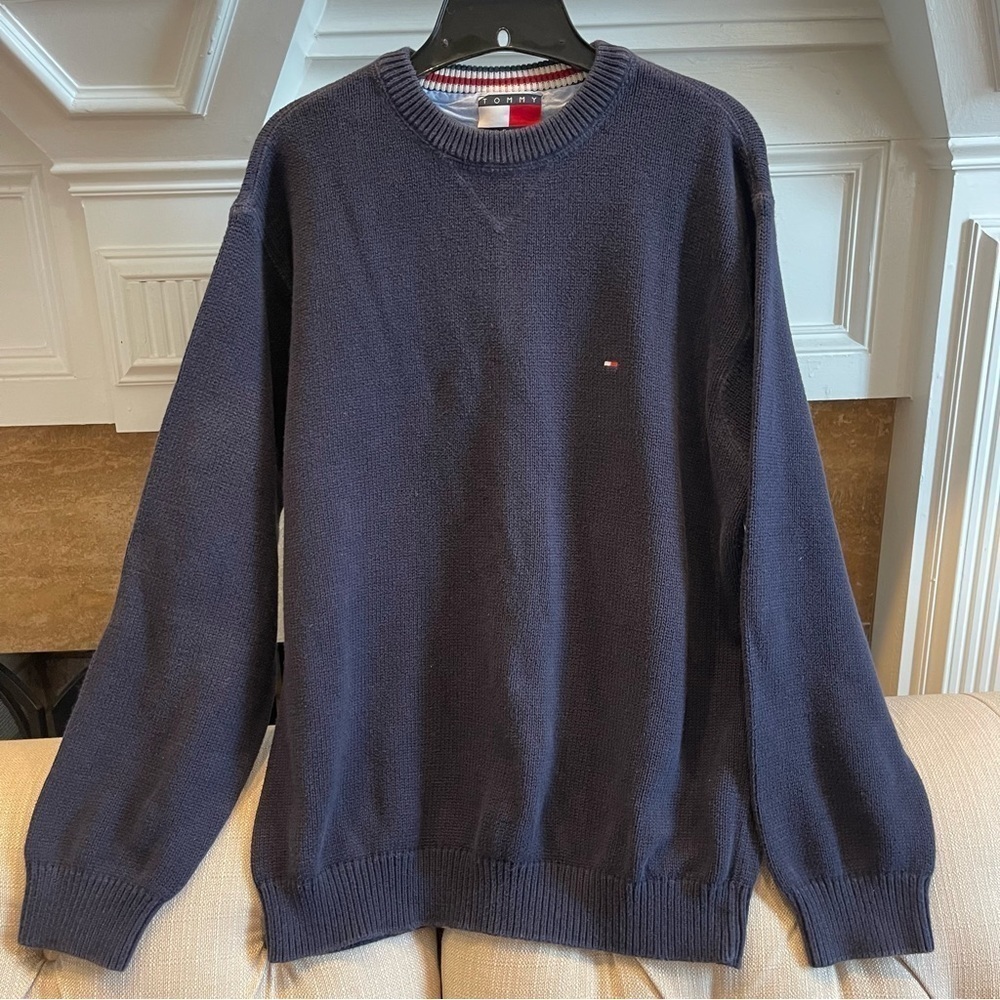 Y: Tommy Hilfiger Sweater Men Large Navy Cotton Crew Neck Flag Long Sleeve